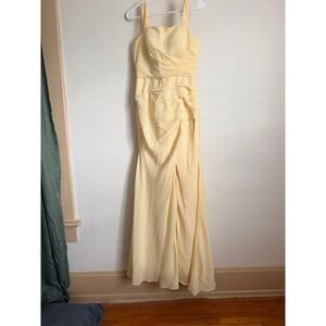 Yellow Chiffon Formal Evening Gown Ruched Pleated Sleeveless Maxi Dress Slit